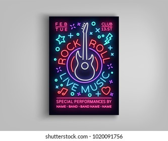 Rock n roll live music. Typography, Poster in neon style, Neon sign, Brochure, Flyer Design template for rock festival, concert, party, live music. Music Rock and Roll. Vector illustration