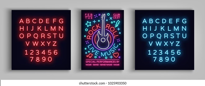 Rock N Roll Live Music. Typography, Poster In Neon Style, Neon Sign, Flyer Design Template For Rock Festival, Concert, Party. Music Rock And Roll. Vector Illustration. Editing Text Neon Sign