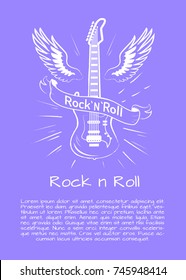 Rock 'n roll music bright poster with winged electrical guitar crossed by sign with words Rock and Roll. Vector illustration on purple background