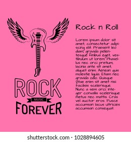 Rock 'n roll music forever poster with electric guitar surrounded by two wings. Background of vector illustration with musical instrument is pink and text