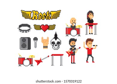 Rock n roll music icon set. Musicians, musical instruments, symbols. Pixel art. 8 bit video game. 8-bit sprite. isolated vector illustration. Design for stickers, logo, embroidery, mobile app.
