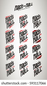 Rock n Roll music lettering text with decorative elements. Handwritten calligraphy vector illustration set. Sign, poster, tattoo, t-shirt and logo design.