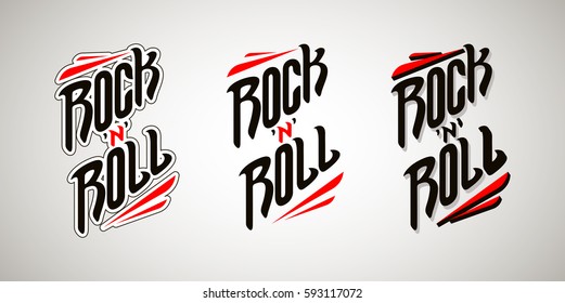 Rock n Roll music lettering text with decorative elements. Handwritten calligraphy vector illustration set. Sign, poster, tattoo, t-shirt and logo design.