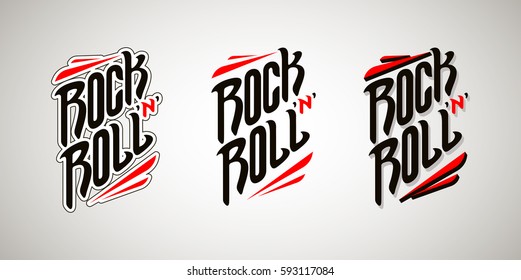 Rock n Roll music lettering text with decorative elements. Handwritten calligraphy vector illustration set. Sign, poster, tattoo, t-shirt and logo design.