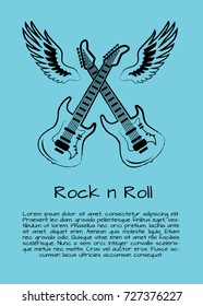 Rock 'n roll music poster with two crossed guitars surrounded by two giant wings. Background of vector illustration with musical instruments in light blue