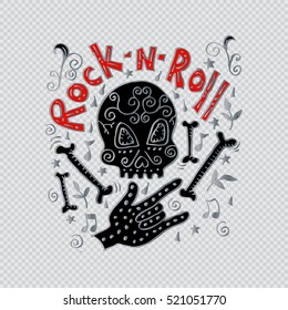 Rock n Roll music related poster with skull and hand gesture. Creative t-shirt design.