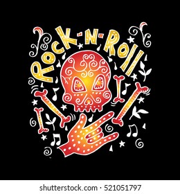 Rock n Roll music related poster with skull and hand gesture. Creative t-shirt design.