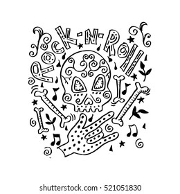 Rock n Roll music related poster with skull and hand gesture. Creative t-shirt design.
