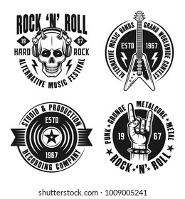 Rock n roll music set of vector emblems, labels, badges and logos in vintage style on white