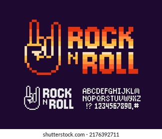 Rock N Roll Music Vintage Sign In Pixel Art Style Vector Template. Geek Style Pixelated Rock N Roll Design With Pixelated Type Font. Pixel Graphics Rock Sign For Print Design