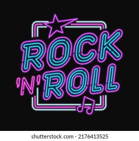 Rock n Roll Neon Light signboard isolated vector template. Neon tube letters design for Rock music, Light sign. Rock bar design in retro 80s - 90s style lettering