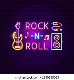 Rock N Roll Neon Sign. Vector Illustration of Music Promotion.