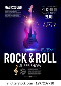 Rock N Roll Party POster Template with Electric Guitar and Light Effects. Vector illustration