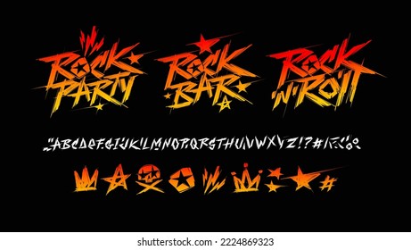 Rock n roll and Rock Party sign set and grunge style font with Punk elements- vector template. Set of Rock'n'roll doodle collection for print t-shirt and poster design. Punk Rock music type font 
