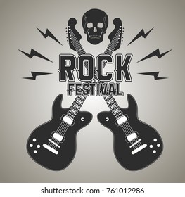 Rock n roll poster with crossed electric guitars and human skull, lightnings. Rock and grunge, punk or heavy metal album cover or record studio banner, tattoo or mascot. Sound and music theme