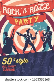 Rock n roll poster flat vector template. Retro style party invitation. Brochure, booklet one page concept design with cartoon characters. 50s show, old school disco with jazz musicians flyer, leaflet