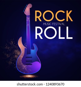 Rock N Roll Poster Template. Electric Guitar. Music Instrument with Light Effects. Vector illustration