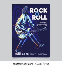 Rock n roll poster template  Guitarist and duckwalk style illustration  Rockabilly pompadour hair guitar player and colorful strokes paint 