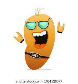 Rock n roll potatoes funny cartoon character. Organic vegetable illustration for cooking, articles, recipe. Vector t-shirt print cute concept.