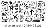 Rock n roll, punk music doodle scribble sticker set. Graffiti, tattoo hand drawn sticker, skull, heart, gesture hand. Grunge rock vector illustration in charcoal, chalk or black marker style. 