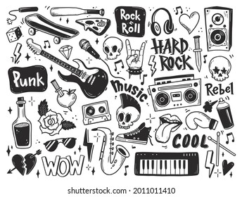 Rock n roll, conjunto de doodles de música punk. Graffiti, pegatina dibujada a mano con tatuajes, texto, cráneo, corazón, patinaje, mano gesto. Ilustración vectorial de roca gruesa.