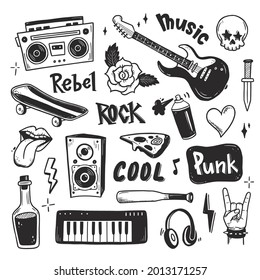 Rock n roll, punk music doodle set. Graffiti, tattoo hand drawn sticker, text, skull, heart, skate, gesture hand. Grunge rock vector illustration.