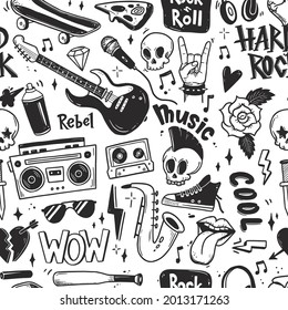 Rock n roll  punk music seamless pattern  Graffiti  tattoo hand drawn style element  skull  guitar  note  Grunge rock vector illustration 