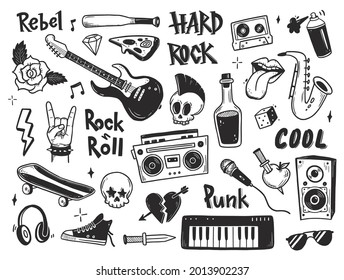 Rock n roll, conjunto de doodles de música punk. Graffiti, pegatina dibujada a mano con tatuajes, texto, cráneo, corazón, patinaje, mano gesto. Ilustración vectorial de roca gruesa.