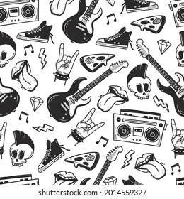 Rock N Roll, Punk Music Seamless Pattern. Graffiti, Tattoo Hand Drawn Style Element, Skull, Guitar, Note. Grunge Rock Vector Illustration.