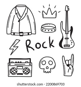 Rock n roll, punk music doodle set. Graffiti, tattoo hand drawn sticker, text, skull, heart, skate, gesture hand. Grunge rock vector illustration.