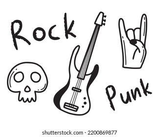 Rock n roll, punk music doodle set. Graffiti, tattoo hand drawn sticker, text, skull, heart, skate, gesture hand. Grunge rock vector illustration.