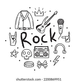 Rock n roll, punk music doodle set. Graffiti, tattoo hand drawn sticker, text, skull, heart, skate, gesture hand. Grunge rock vector illustration.