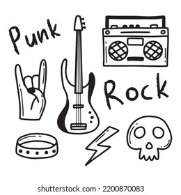 Rock n roll, punk music doodle set. Graffiti, tattoo hand drawn sticker, text, skull, heart, skate, gesture hand. Grunge rock vector illustration.