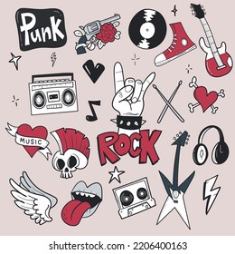 Rock n roll  punk music doodle set  tattoo hand drawn sticker  text  skull  heart  gesture hand  Grunge rock vector illustration 