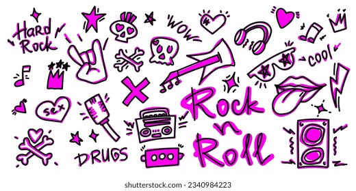 Rock n roll, punk music doodle set. Graffiti, tattoo hand drawn sticker, text, skull, heart, skate, gesture hand. Grunge rock vector illustration.