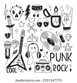 Rock n roll, conjunto de doodles de música punk. Graffiti, pegatina dibujada a mano con tatuajes, texto, cráneo, corazón, patinaje, mano gesto. Ilustración vectorial de roca gruesa.