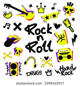 Rock n roll, punk music doodle set. Graffiti, tattoo hand drawn sticker, text, skull, heart, skate, gesture hand. Grunge rock vector illustration.