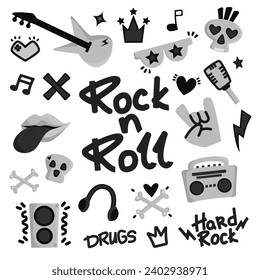 Rock n roll, punk music doodle set. Graffiti, tattoo hand drawn sticker, text, skull, heart, skate, gesture hand. Grunge rock vector illustration.