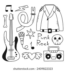 Rock n roll, punk music doodle set. Graffiti, tattoo hand drawn sticker, text, skull, heart, skate, gesture hand. Grunge rock vector illustration.