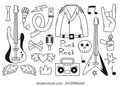 Rock n roll, punk music doodle set. Graffiti, tattoo hand drawn sticker, text, skull, heart, skate, gesture hand. Grunge rock vector illustration.