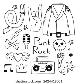 Rock n roll, punk music doodle set. Graffiti, tattoo hand drawn sticker, text, skull, heart, skate, gesture hand. Grunge rock vector illustration.