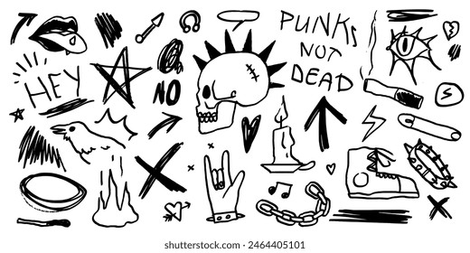 Rock n roll, punk music doodle scribble sticker set. Graffiti, tattoo hand drawn sticker, skull, heart, gesture hand. Grunge rock vector illustration in charcoal, chalk or black marker style. 