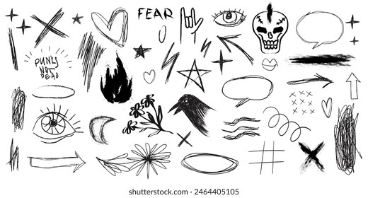 Rock n roll, punk music doodle scribble sticker set. Graffiti, tattoo hand drawn sticker, skull, heart, gesture hand. Grunge rock vector illustration in charcoal, chalk or black marker style. 