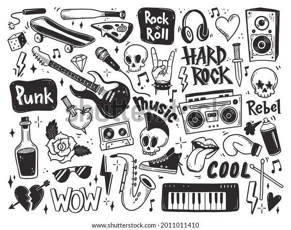 Rock n roll, punk music doodle set.\
Graffiti, tattoo hand drawn sticker, text, skull, heart, skate,\
gesture hand. Grunge rock vector\
illustration.