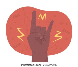 Rock n roll salute 2D vector isolated illustration. Heavy metal flat hand gesture on cartoon background. Devil horns colourful editable scene for mobile, website, presentation. Blaka Regular font used