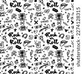 Rock n Roll seamless pattern. Black-white print for textiles, backgrounds, printing. Grunge style, hand lettered, vector illustration.