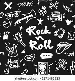 Rock n Roll seamless pattern. Black-white print for textiles, backgrounds, printing. Grunge style, hand lettered, vector illustration.