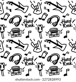 Rock n Roll seamless pattern. Black-white print for textiles, backgrounds, printing. Grunge style, hand lettered, vector illustration.