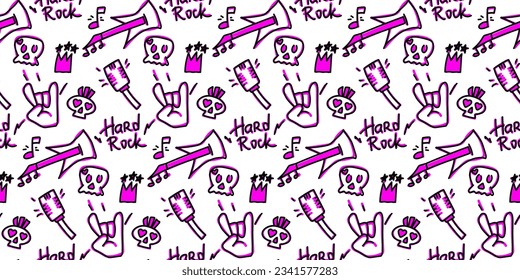 Rock n Roll seamless pattern. print for textiles, backgrounds, printing. Grunge style, hand lettered, vector illustration.