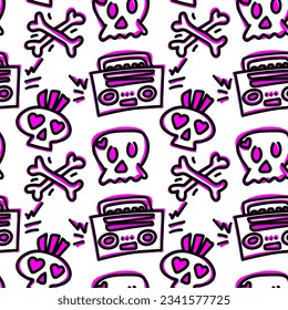 Rock n Roll seamless pattern. print for textiles, backgrounds, printing. Grunge style, hand lettered, vector illustration.